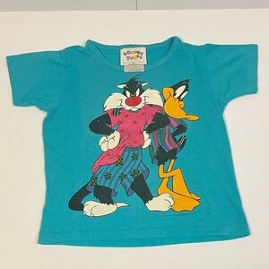 Vtg 1993 Sylvester & Daffy Warner Bros. Teal Kids Size 4 T-Shirt